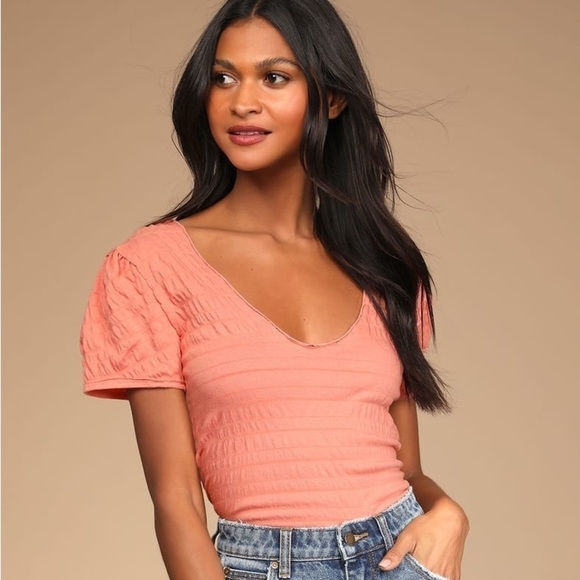 Free People Sugar Cube Womens Tee Shirt coral pink size xsmall smocked - Picture 5 of 8